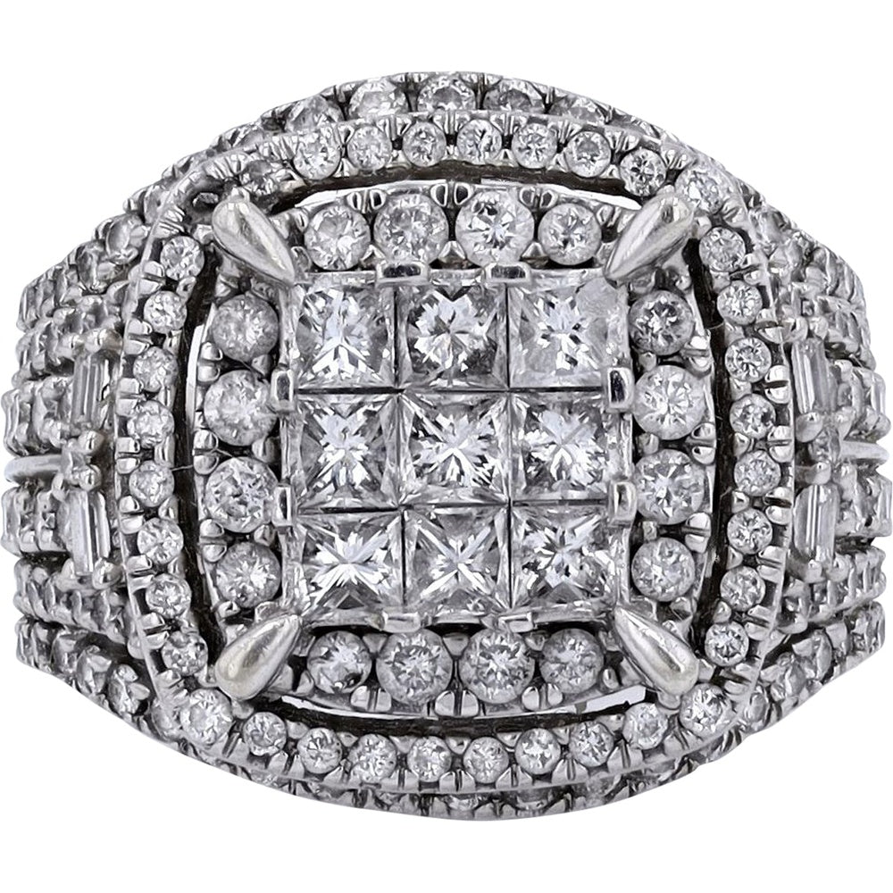 10K White Gold Geometric Cluster Ring with Princess and Baguette Cut Diamonds - 3.00 Carat Total Diamond Weight