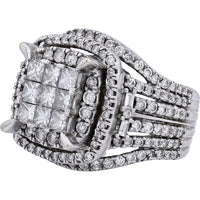 10K White Gold Geometric Cluster Ring with Princess and Baguette Cut Diamonds - 3.00 Carat Total Diamond Weight