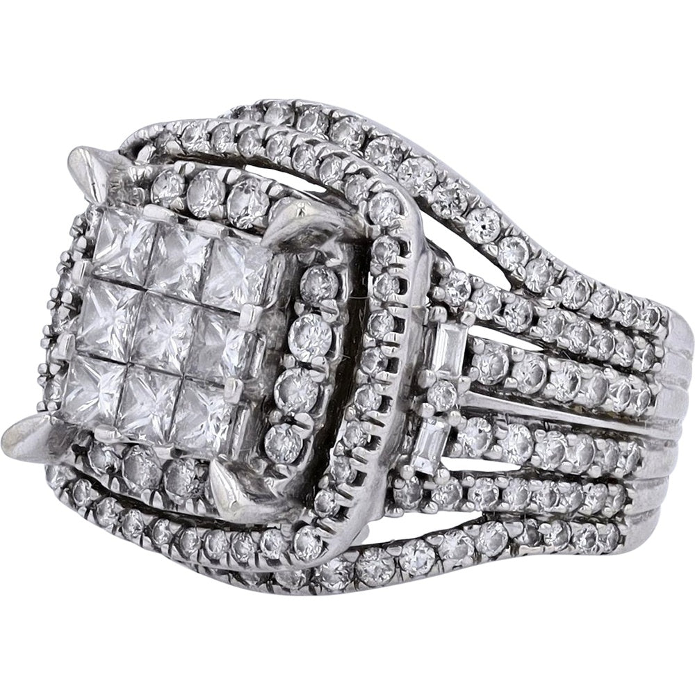 10K White Gold Geometric Cluster Ring with Princess and Baguette Cut Diamonds - 3.00 Carat Total Diamond Weight