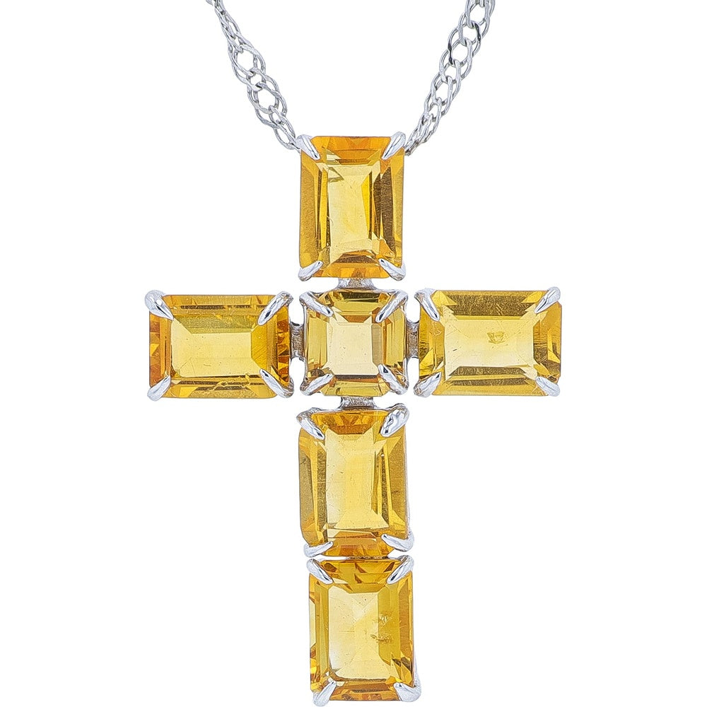 10K White Gold Geometric Cross Pendant with Step-Cut Citrine Gemstones - 1.25 Carat Total Gem Weight