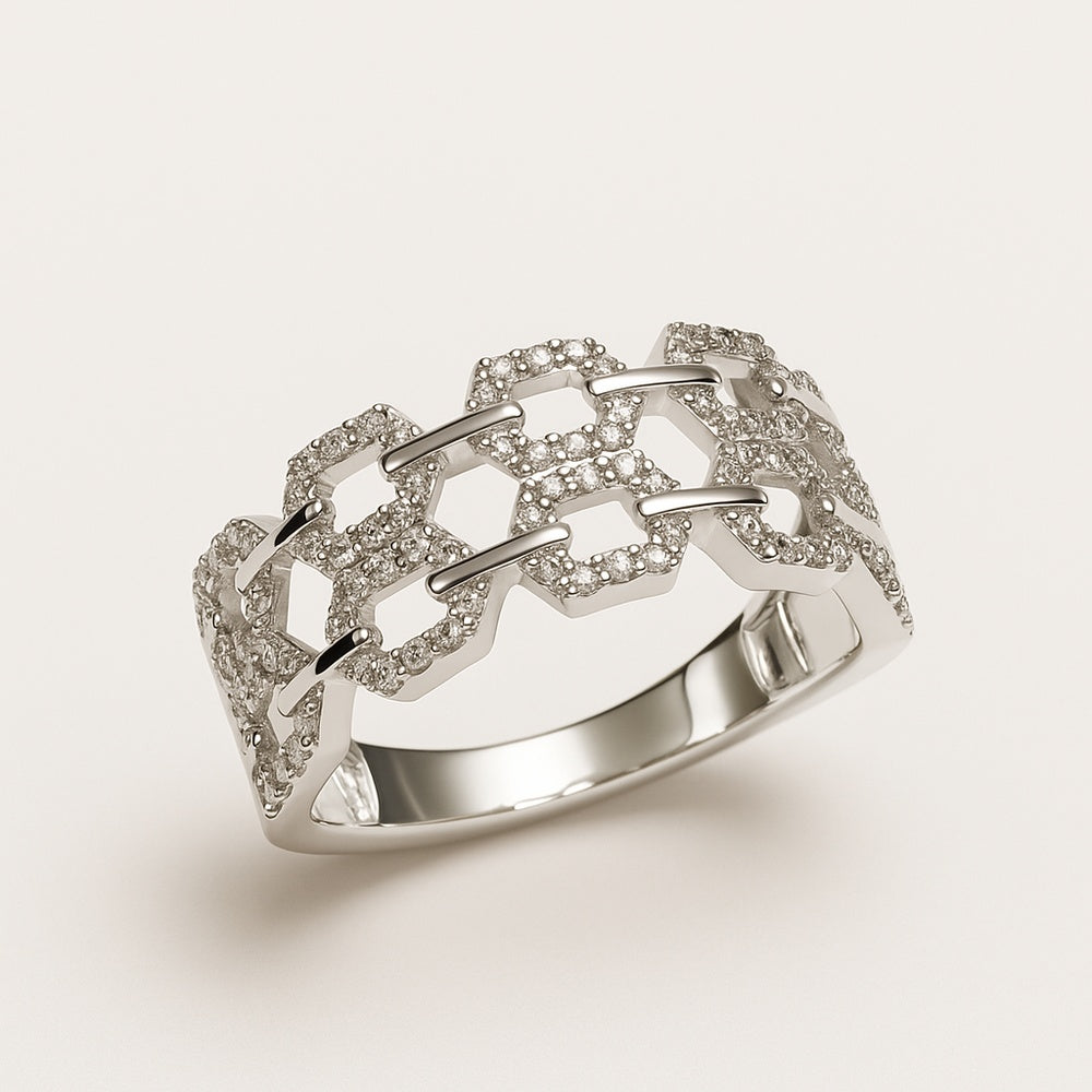 10K White Gold Geometric Honeycomb Fashion Ring with Round Brilliant Cut Diamonds - 0.53 Carat Total Diamond Weight by Auriventus