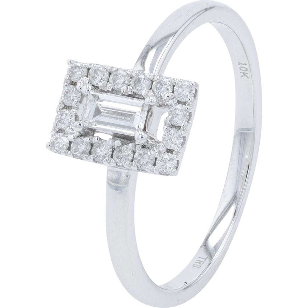 10K White Gold Geometric Ring with Rectangular Halo Setting Featuring a Baguette-Cut Center and Round Diamond Accents - 0.25 Carat Total Diamond Weight