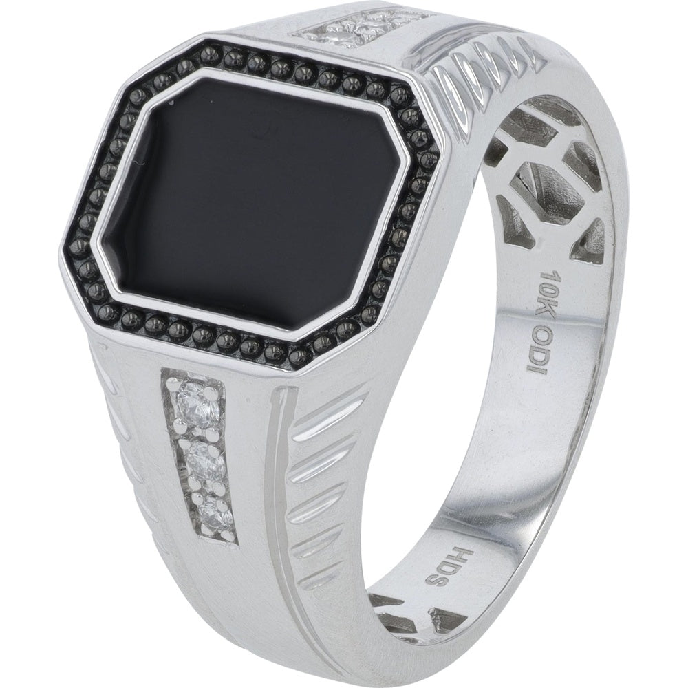 10K White Gold Geometric Signet Ring with Black Enamel and Round Diamond Halo - 0.10 Carat Total Diamond Weight