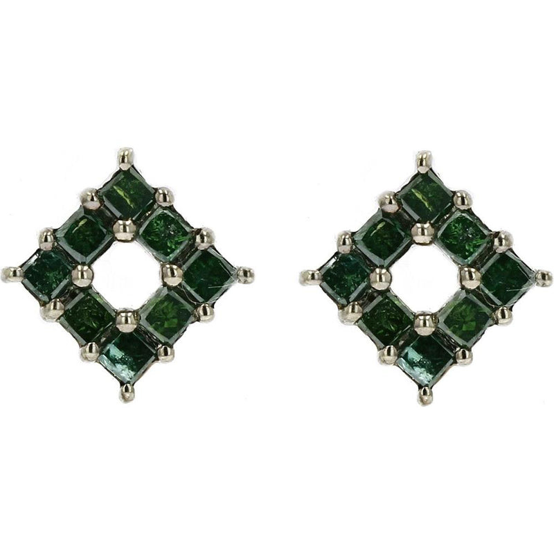 10K White Gold Geometric Square Earrings with Prong-Set Treated Green Diamonds - 0.70 Carats Total Diamond Weight