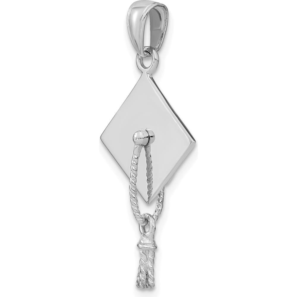 10K White Gold Graduation Cap Pendant with Moveable Tassel Charm - Polished Finish, 18.5mm Length