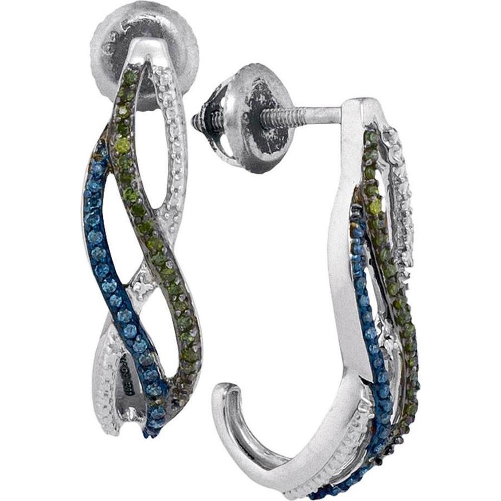 10K White Gold Green and Blue Diamond Half-Hoop Earrings - 1/4 Carat Total Weight