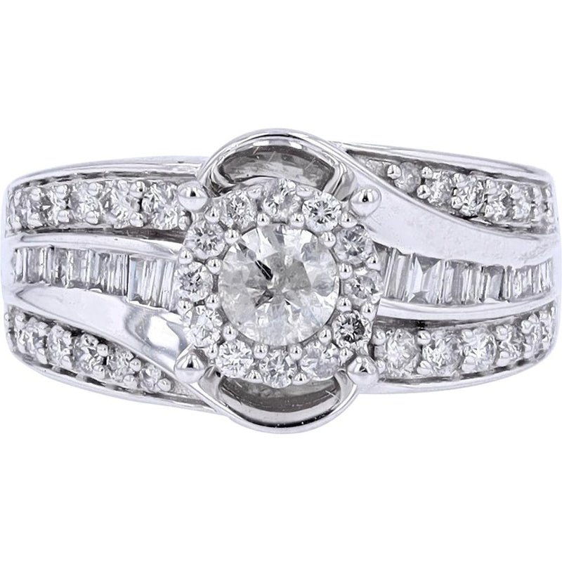 10K White Gold Halo Engagement Ring with 1/4 Carats Round Center Diamond and Baguette Accents - 1.00 Carats Total Diamond Weight