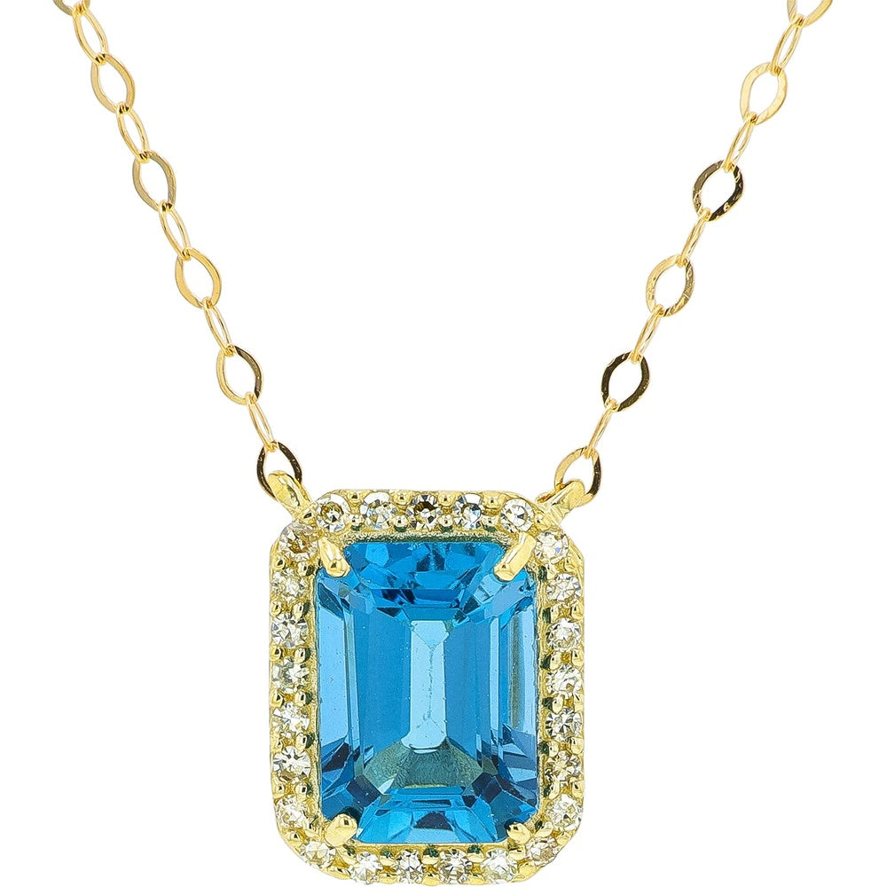 10K White Gold Halo Pendant Necklace with Rectangular London Blue Topaz and Diamond Accents - 1.30 Carat Total Gemstone Weight