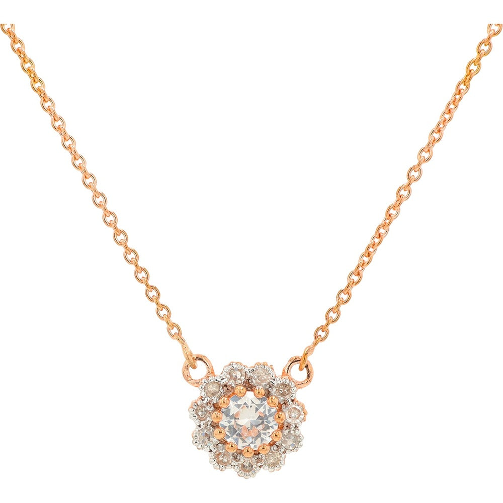 10K White Gold Halo Pendant Necklace with Round Created White Sapphire and 0.11 Carat Diamond Accents - 18 Inch Chain