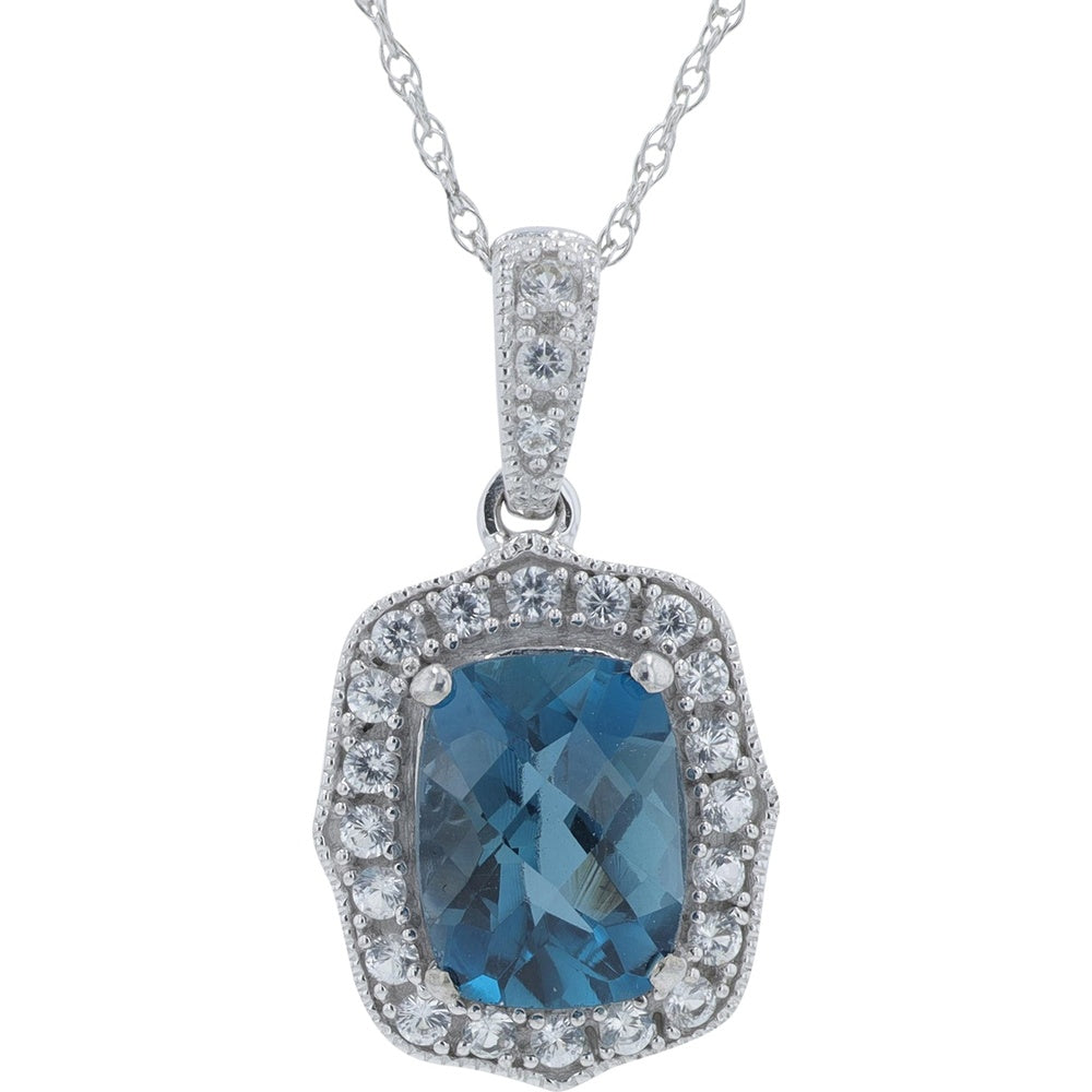 10K White Gold Halo Pendant with Cushion-Cut London Blue Topaz and Created White Sapphire Accents
