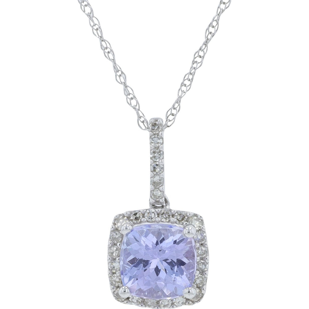 10K White Gold Halo Pendant with Cushion-Cut Tanzanite and Round Diamond Accents - 0.12 Carat Total Diamond Weight