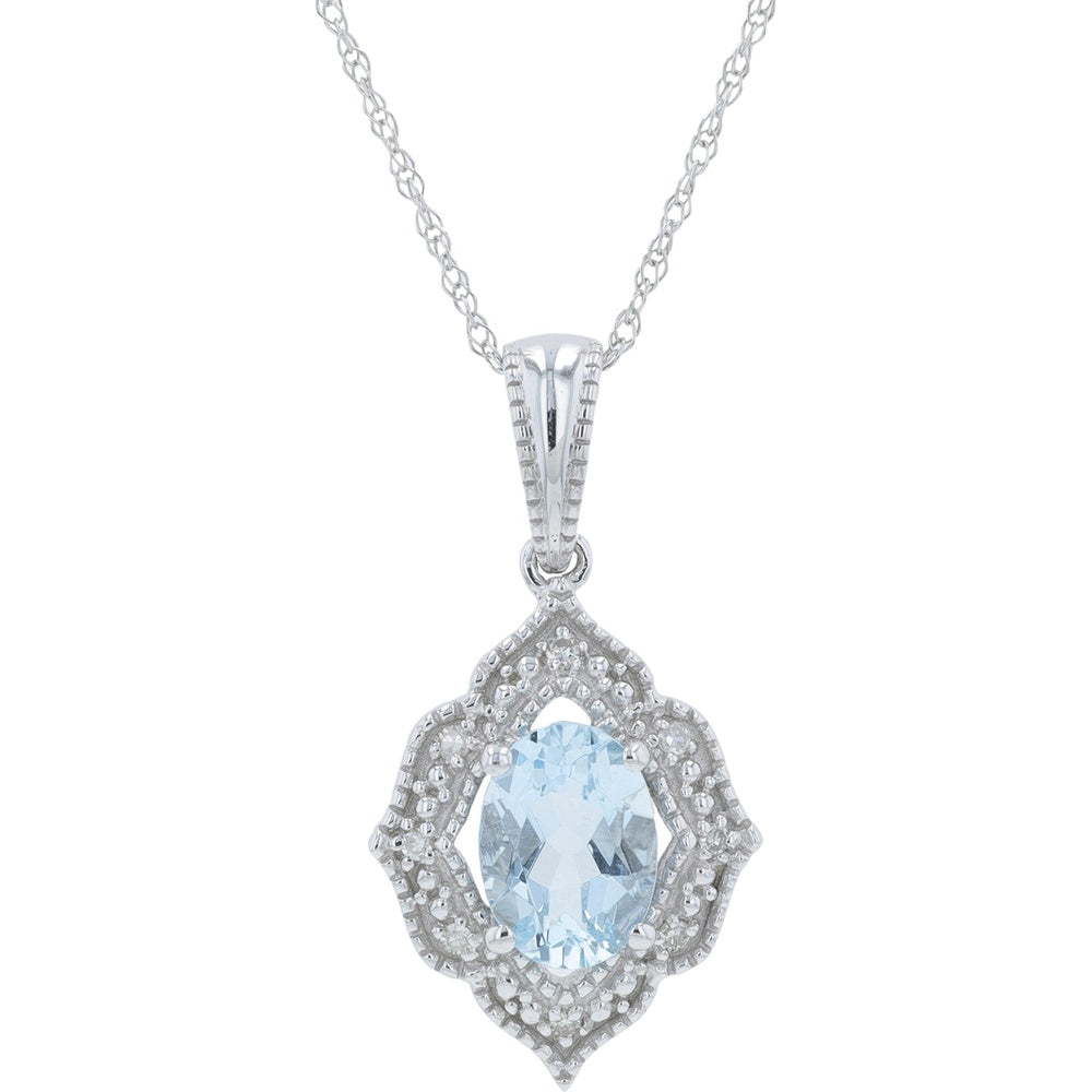 10K White Gold Halo Pendant with Oval Aquamarine and Milgrain Detail - 0.85 Carat Total Diamond Weight