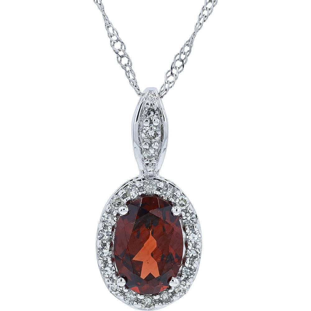 10K White Gold Halo Pendant with Oval Garnet and Round Diamond Accents - 1.00 Carat Total Gem Weight