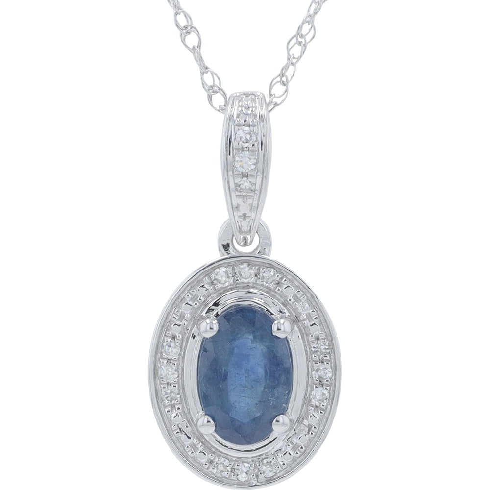 10K White Gold Halo Pendant with Oval Sapphire and Round Diamond Accents - 0.45-0.60 Carat Sapphire and 0.04 Carat Total Diamond Weight