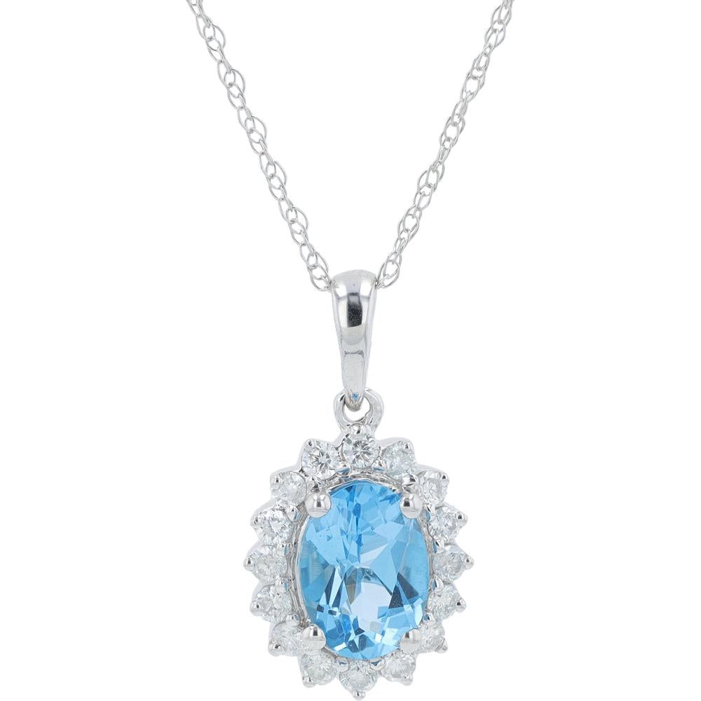 10K White Gold Halo Pendant with Swiss Blue Topaz and Diamonds - 0.22 Carat Total Diamond Weight