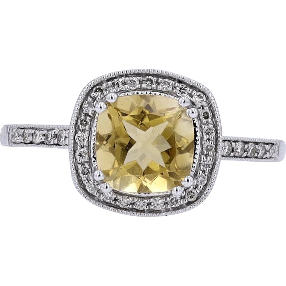 10K White Gold Halo Ring with Cushion-Cut Citrine and Diamond Accents - 0.12 Carats Diamond Weight