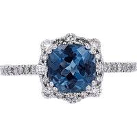 10K White Gold Halo Ring with Cushion-Cut London Blue Topaz and Pavé-Set Diamond Accents - 1.75 Carat Topaz and 0.50 Carat Total Diamond Weight