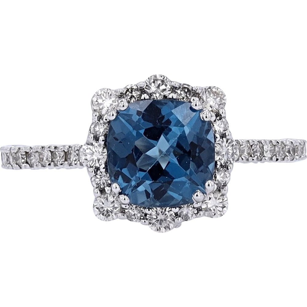 10K White Gold Halo Ring with Cushion-Cut London Blue Topaz and Pavé-Set Diamond Accents - 1.75 Carat Topaz and 0.50 Carat Total Diamond Weight
