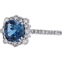 10K White Gold Halo Ring with Cushion-Cut London Blue Topaz and Pavé-Set Diamond Accents - 1.75 Carat Topaz and 0.50 Carat Total Diamond Weight