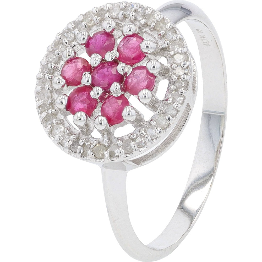 10K White Gold Halo Ring with Floral Cluster Round Rubies and Diamond Accents - 0.63 Carat Total Ruby Weight and 0.17 Carat Total Diamond Weight