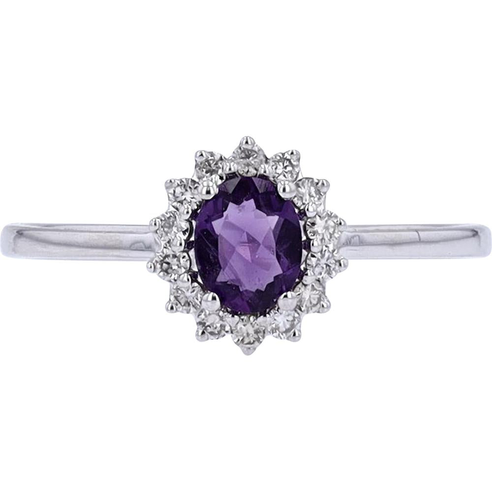 10K White Gold Halo Ring with Oval Amethyst and Diamond Accents - 0.11 Carats Total Diamond Weight