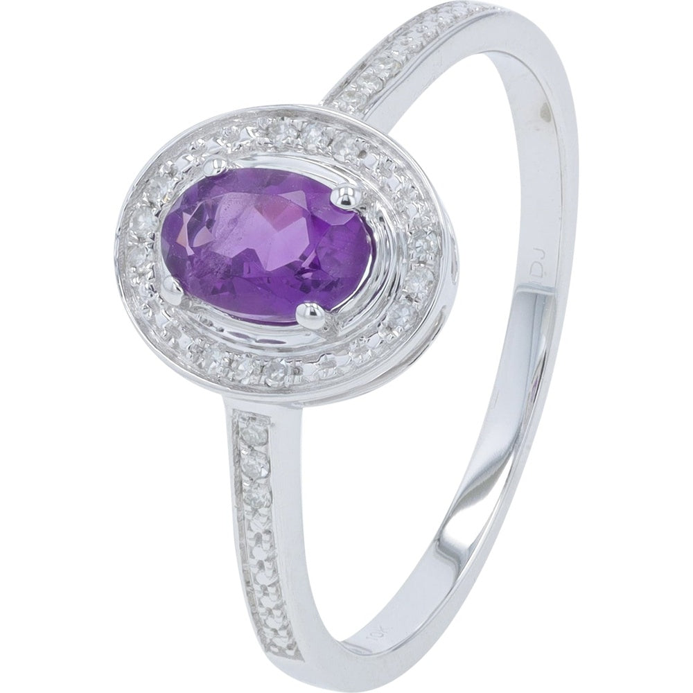10K White Gold Halo Ring with Oval Amethyst and Round Diamond Accents - 0.10 Carat Total Diamond Weight and 0.08 Carat Accent Diamond Weight
