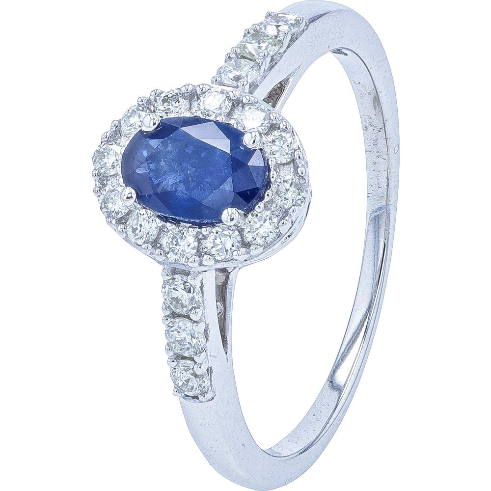 10K White Gold Halo Ring with Oval Blue Sapphire and Round Diamonds - 0.55 Carat Sapphire and 0.30 Carat Total Diamond Weight