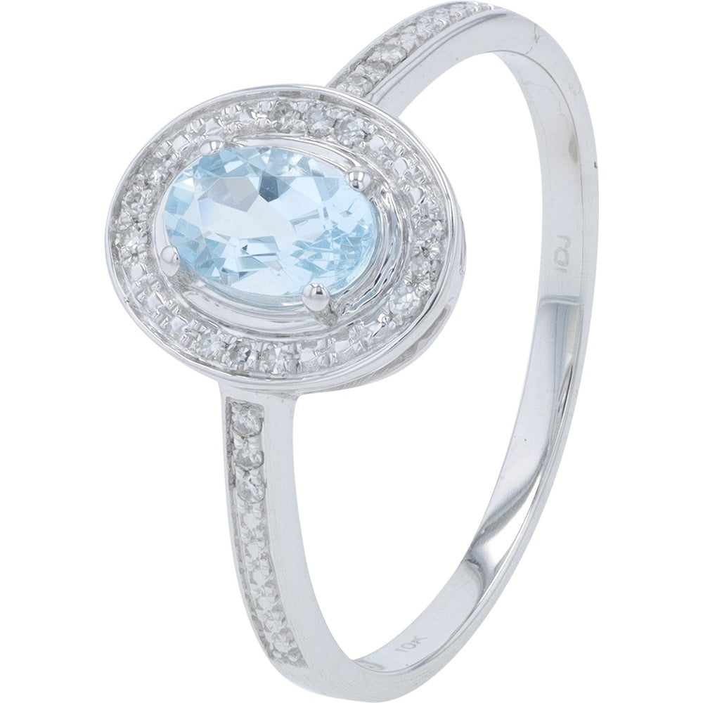 10K White Gold Halo Ring with Oval-Cut Aquamarine and Round Diamond Accents - 0.06 Carat Total Diamond Weight