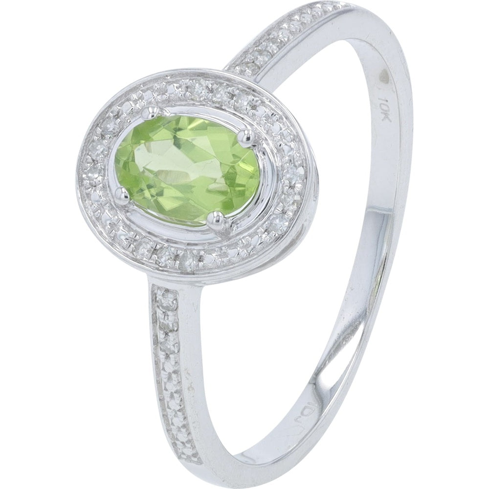 10K White Gold Halo Ring with Oval-Cut Peridot and Pavé-Set Round Diamonds - 0.10 Carat Total Diamond Weight
