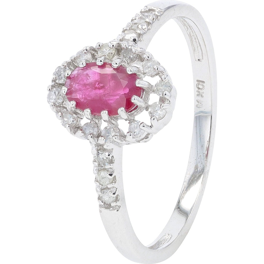 10K White Gold Halo Ring with Oval-Cut Ruby and Prong-Set Diamonds - 0.60 Carat Ruby Total Weight and 0.18 Carat Diamond Total Weight