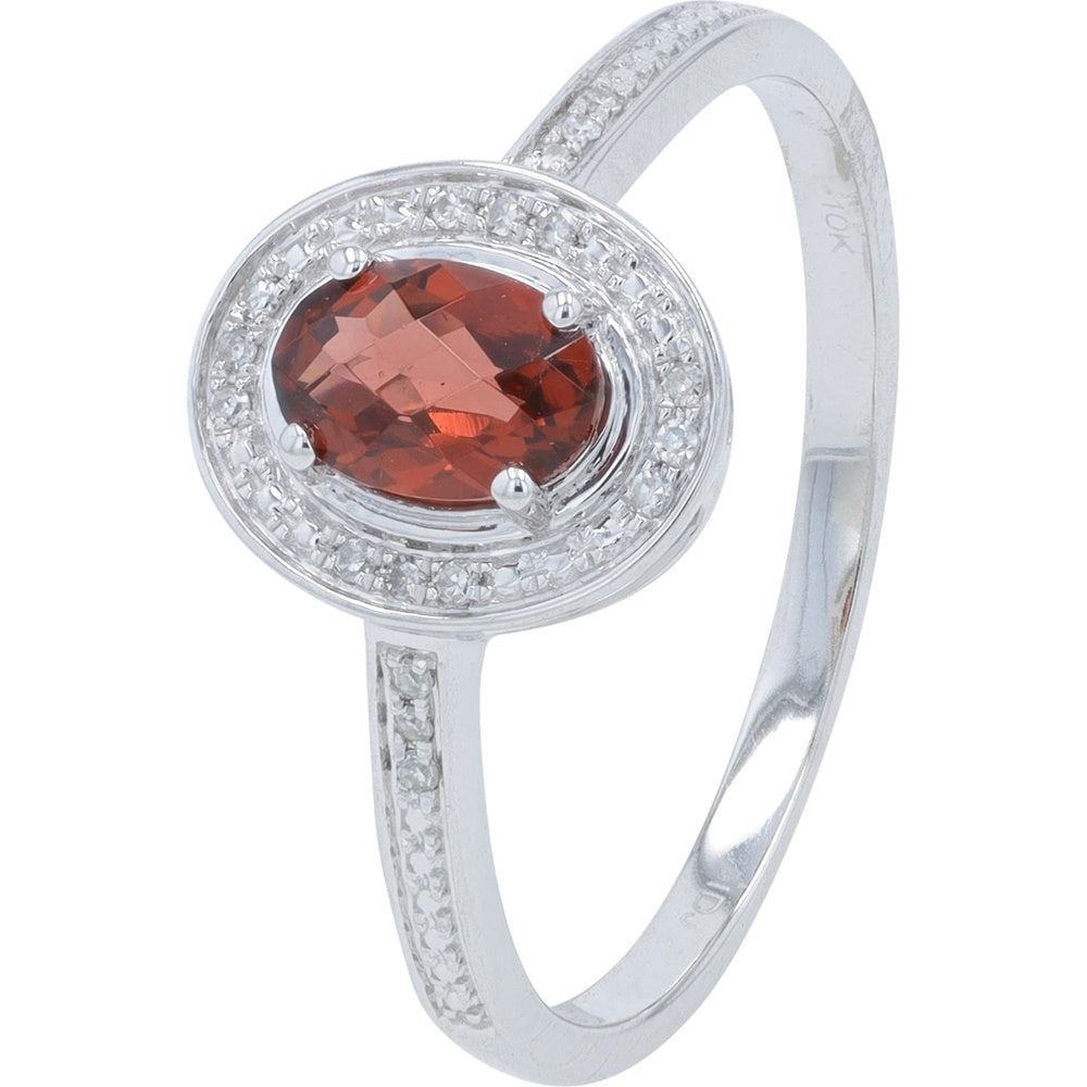 10K White Gold Halo Ring with Oval Garnet and Pave-Set Round Diamonds - 0.10 Carat Total Diamond Weight