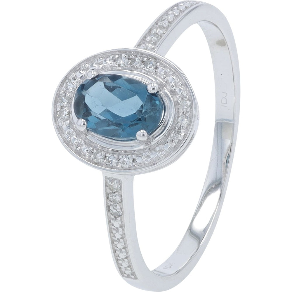 10K White Gold Halo Ring with Oval London Blue Topaz and Pavé Set Round Diamonds - 0.10 Carat Total Diamond Weight