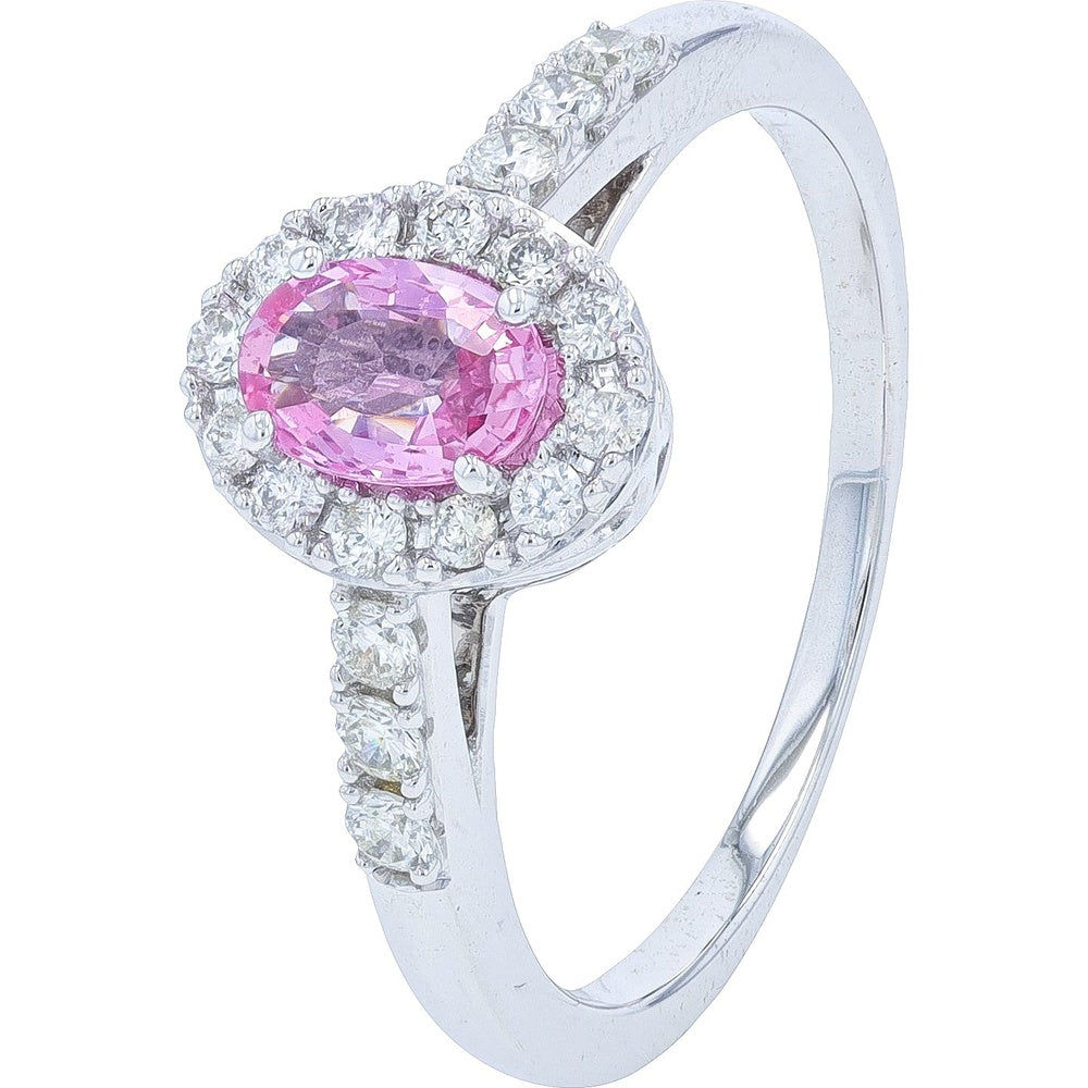10K White Gold Halo Ring with Oval Pink Sapphire and Round Diamond Accents - 0.55 Carat Pink Sapphire and 0.30 Carat Total Diamond Weight