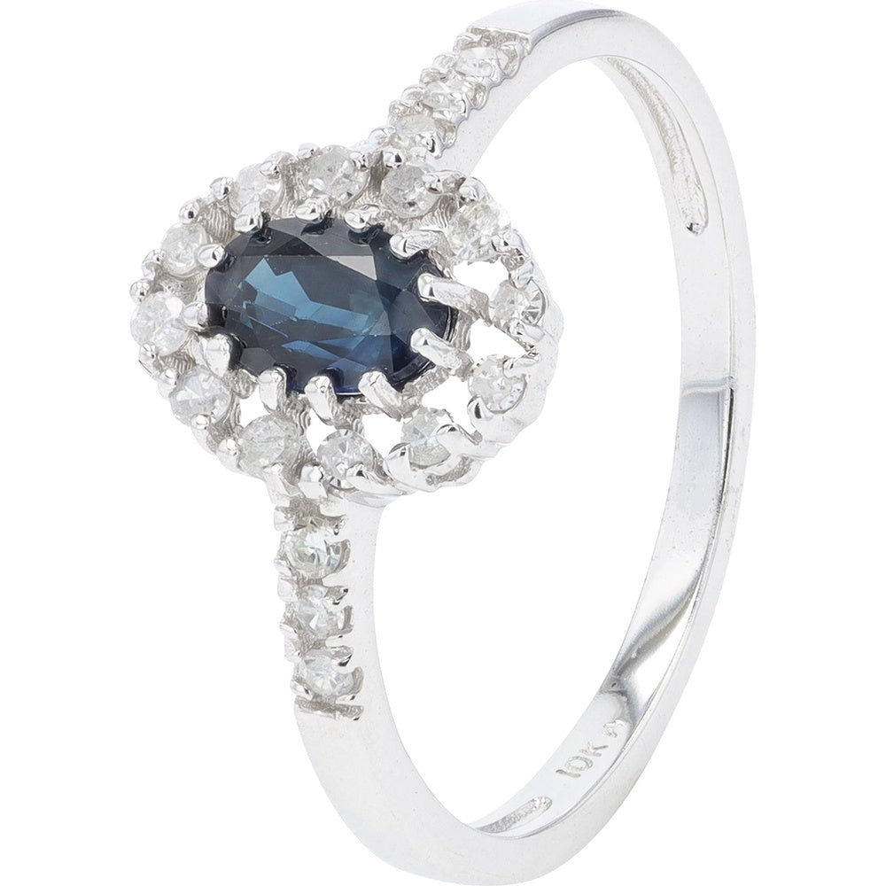 10K White Gold Halo Ring with Oval Sapphire and Round Diamond Accents - 0.55 Carat Sapphire and 0.18 Carat Total Diamond Weight