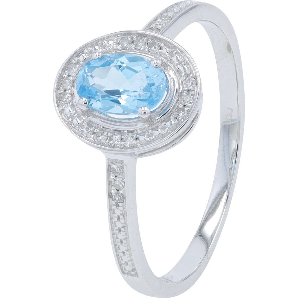 10K White Gold Halo Ring with Oval Swiss Blue Topaz and Pavé Set Diamond Accents - 0.10 Carat Total Diamond Weight