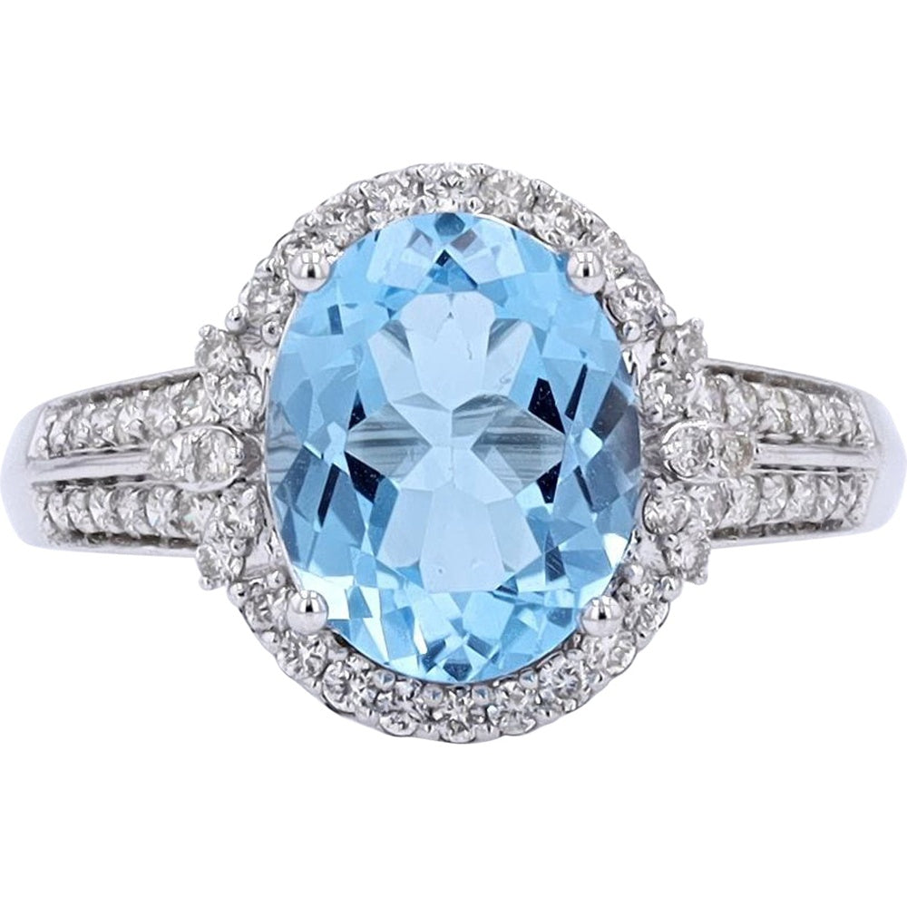 10K White Gold Halo Ring with Oval Swiss Blue Topaz and Pavé-Set Round Diamonds - 3.00 Carat Total Topaz Weight and 0.36 Carat Total Diamond Weight