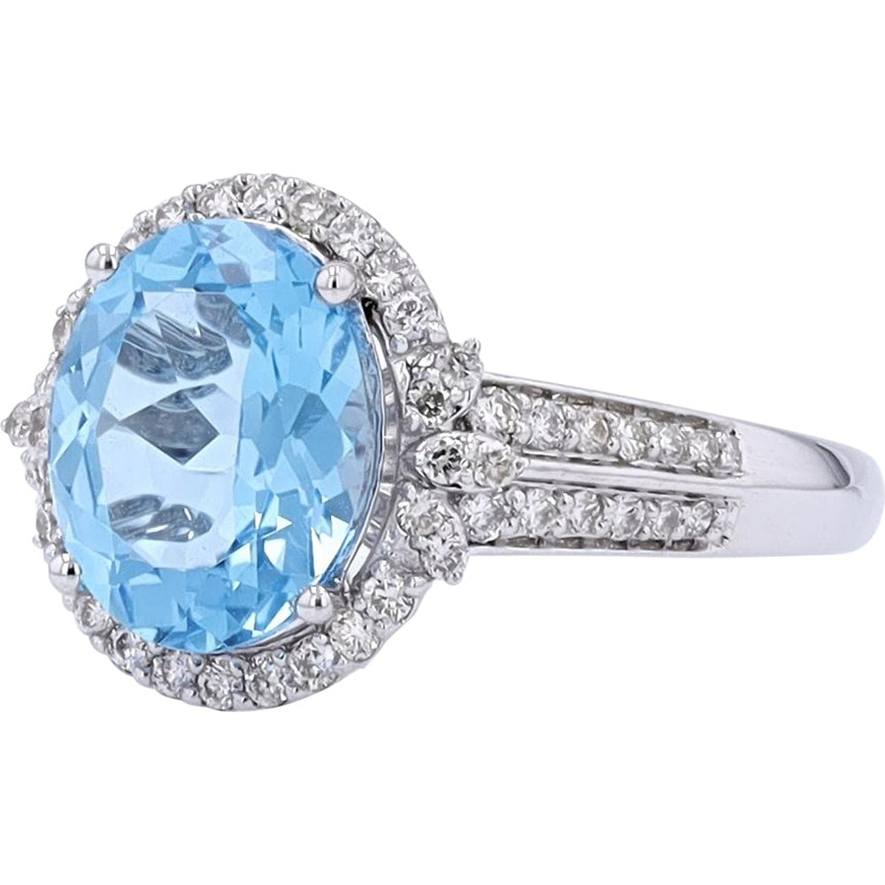 10K White Gold Halo Ring with Oval Swiss Blue Topaz and Pavé-Set Round Diamonds - 3.00 Carat Total Topaz Weight and 0.36 Carat Total Diamond Weight