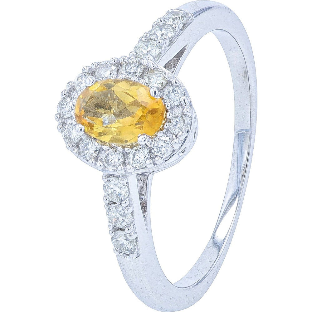 10K White Gold Halo Ring with Oval Yellow Sapphire and Prong-Set Round Diamonds - 0.55 Carat Yellow Sapphire and 0.30 Carat Total Diamond Weight