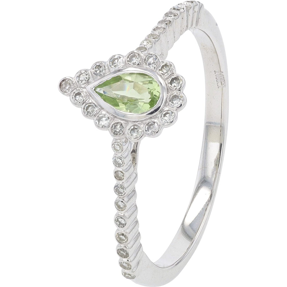 10K White Gold Halo Ring with Pear-Cut Peridot and Pavé-Set Round Diamonds - 0.25 Carat Peridot and 0.14 Carat Total Diamond Weight