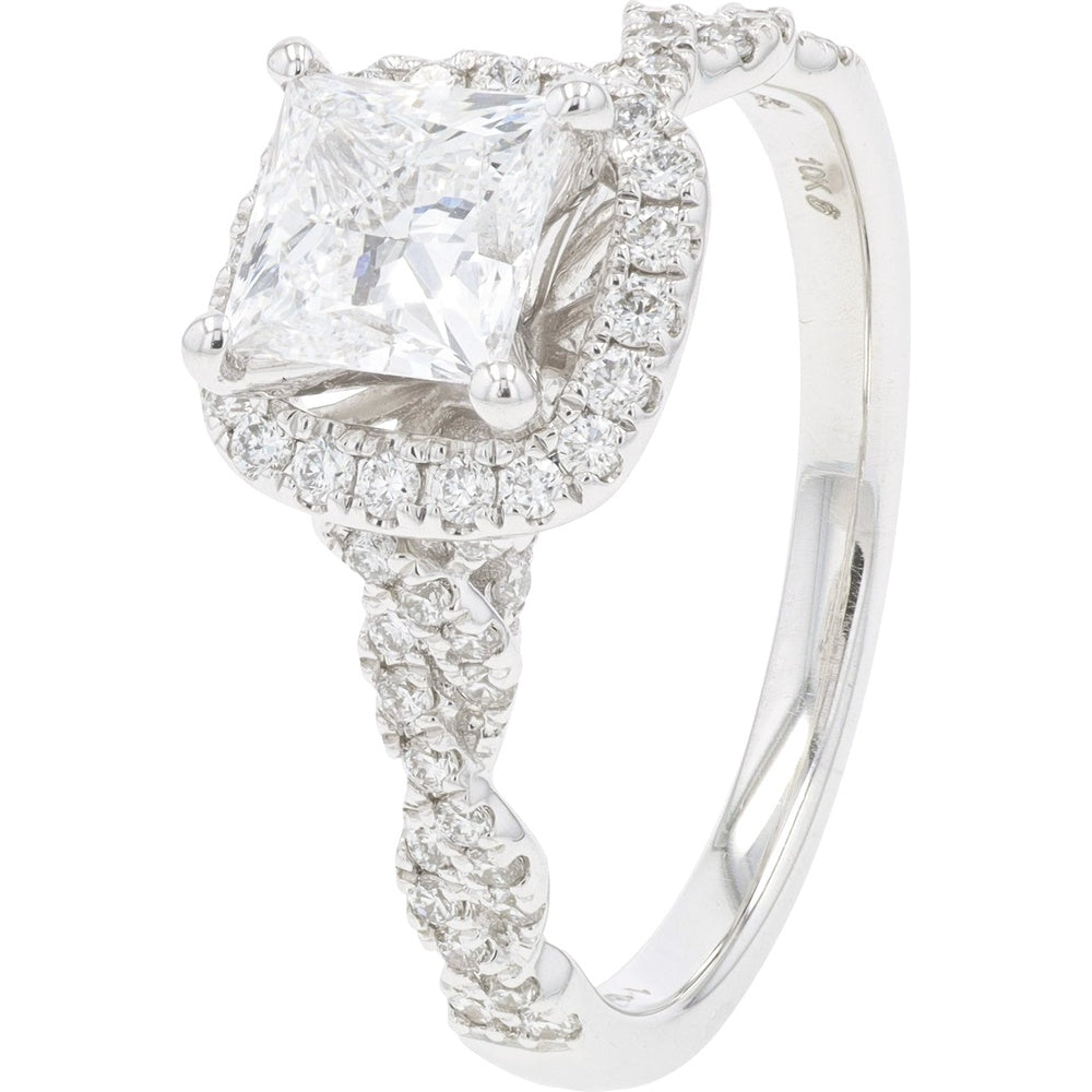 10K White Gold Halo Ring with Princess Cut Lab Grown Diamond - 1.50 Carat Total Diamond Weight