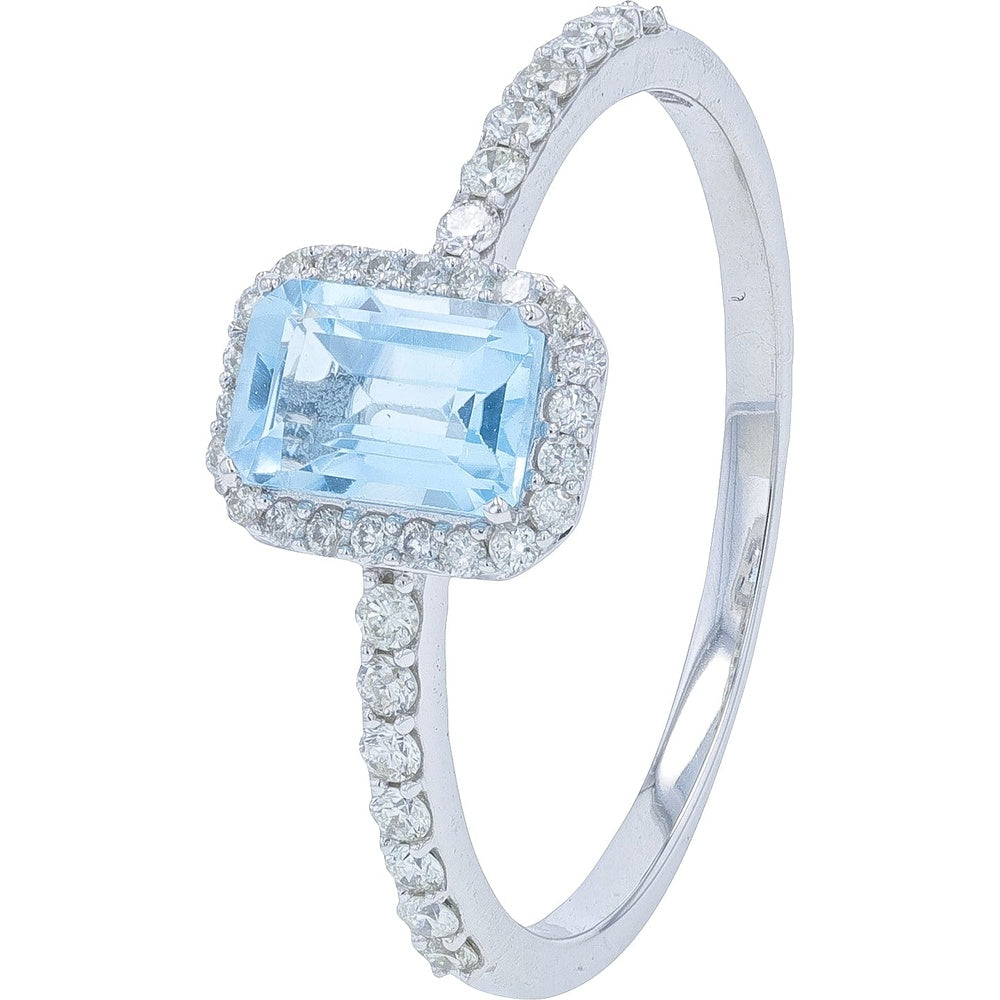 10K White Gold Halo Ring with Step-Cut Rectangular Blue Topaz and Round Diamond Accents - 0.80 Carat Total Topaz Weight and 0.22 Carat Total Diamond Weight