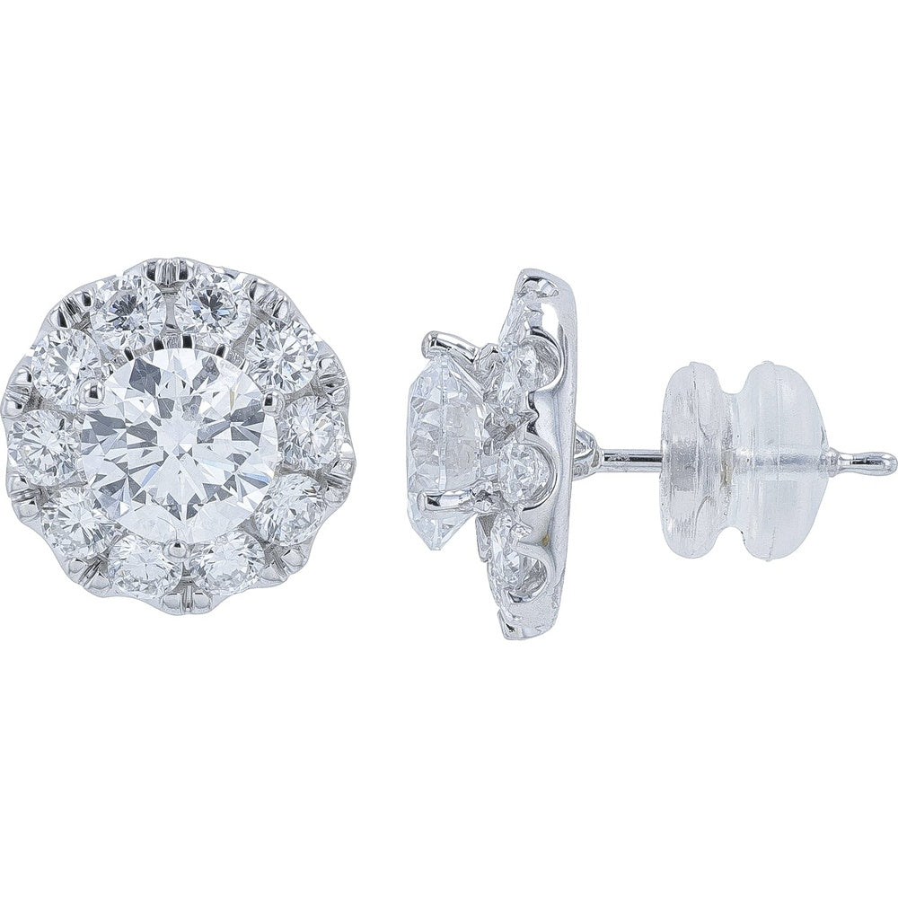 10K White Gold Halo Stud Earrings with Round Lab Grown Diamonds - 3.00 Carat Total Diamond Weight