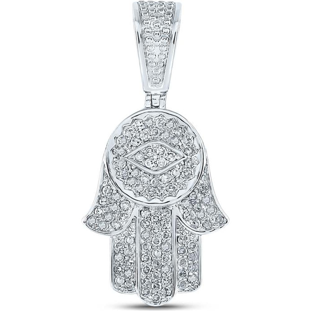 10K White Gold Hamsa Pendant with Prong-Set Round Diamonds - 0.90 Carat Total Diamond Weight