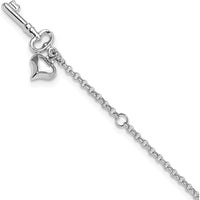 10K White Gold Heart and Key Dangle Anklet with Lobster Clasp and 1" Extender - 9" Total Length
