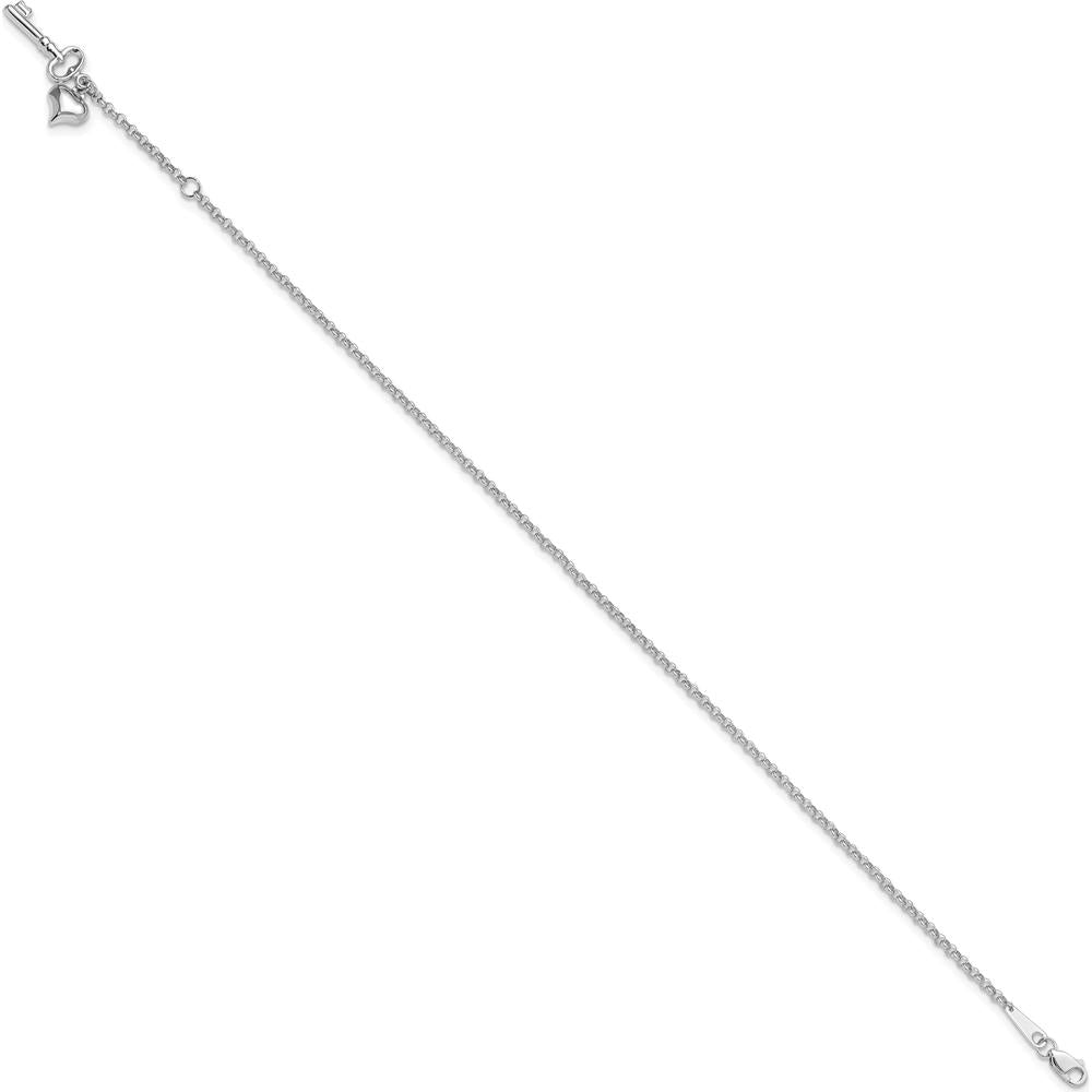 10K White Gold Heart and Key Dangle Anklet with Lobster Clasp and 1" Extender - 9" Total Length