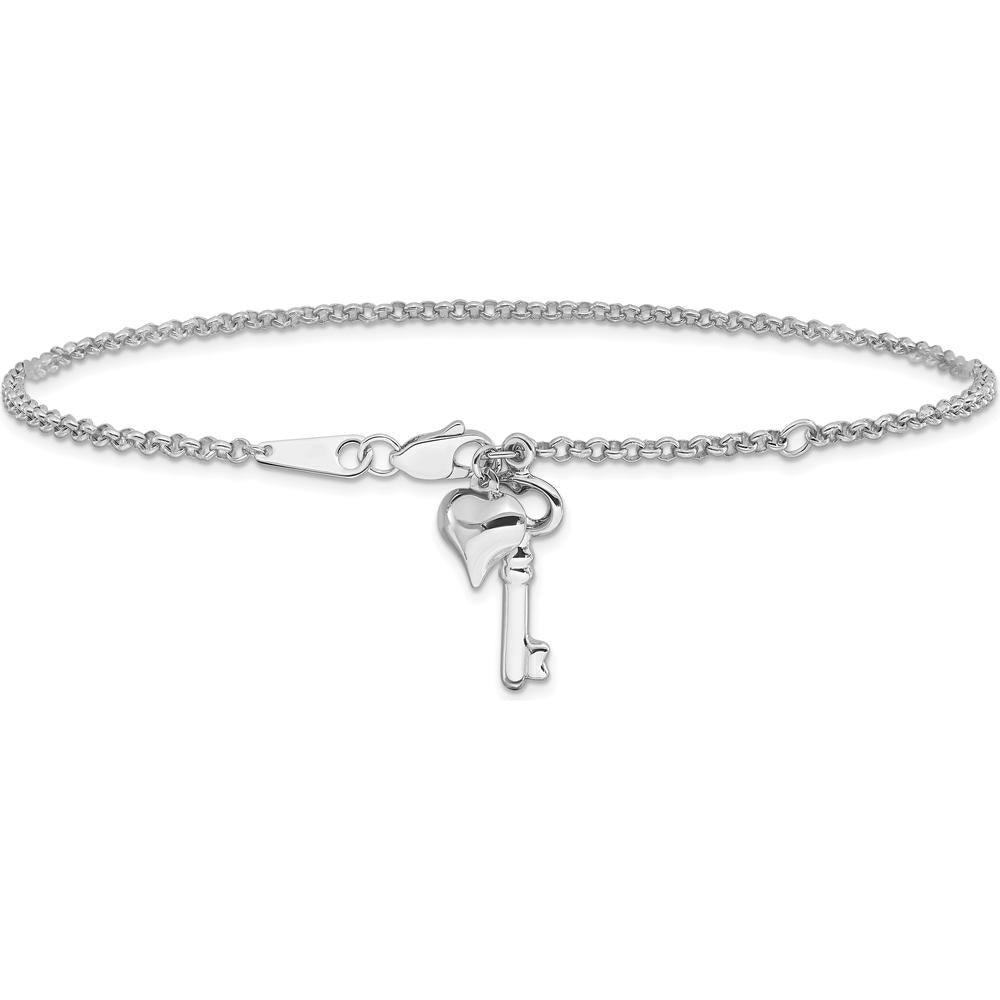 10K White Gold Heart and Key Dangle Anklet with Lobster Clasp and 1" Extender - 9" Total Length