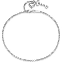 10K White Gold Heart and Key Dangle Anklet with Lobster Clasp and 1" Extender - 9" Total Length