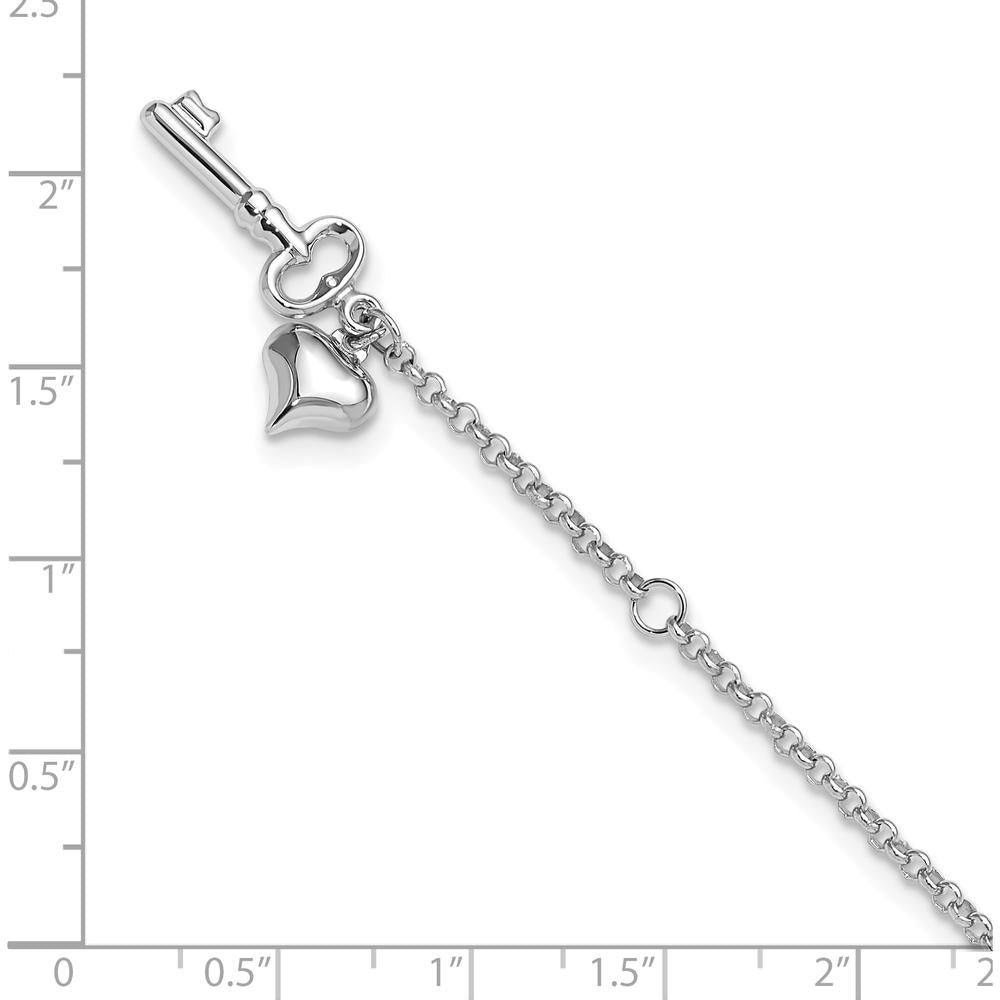 10K White Gold Heart and Key Dangle Anklet with Lobster Clasp and 1" Extender - 9" Total Length