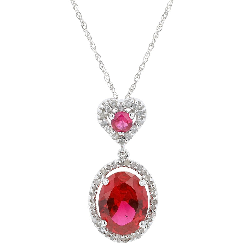 10K White Gold Heart and Oval Drop Pendant with Created Rubies and Diamond Halo Accents - 0.16 Carat Total Diamond Weight