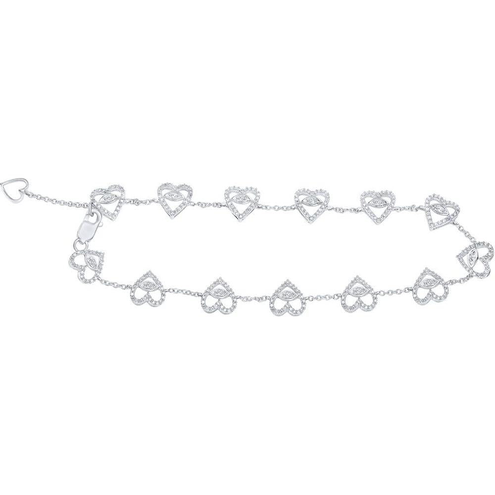 10K White Gold Heart Bracelet with Round Diamonds - 3/4 Carat Total Diamond Weight
